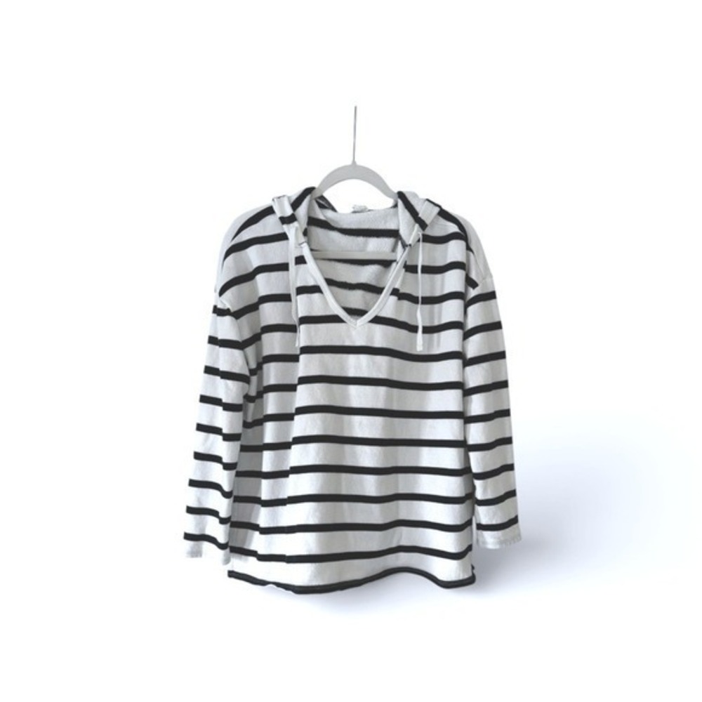 Loft Outlet Lounge Womens XL Striped Hoodie Black White Cotton V-Neck Pullover